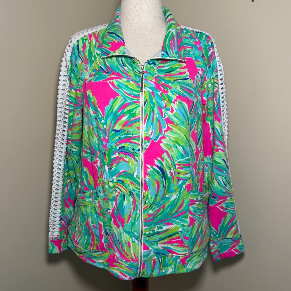 Lilly Pulitzer Brigantine Full Zip Jacket Women’s Large Pink Green Palm Print